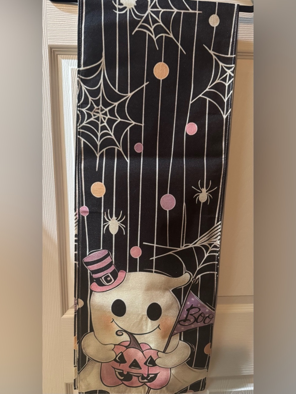 NWT Black Halloween Ghost Table Runner with Pink and Cream Accents, 13x72